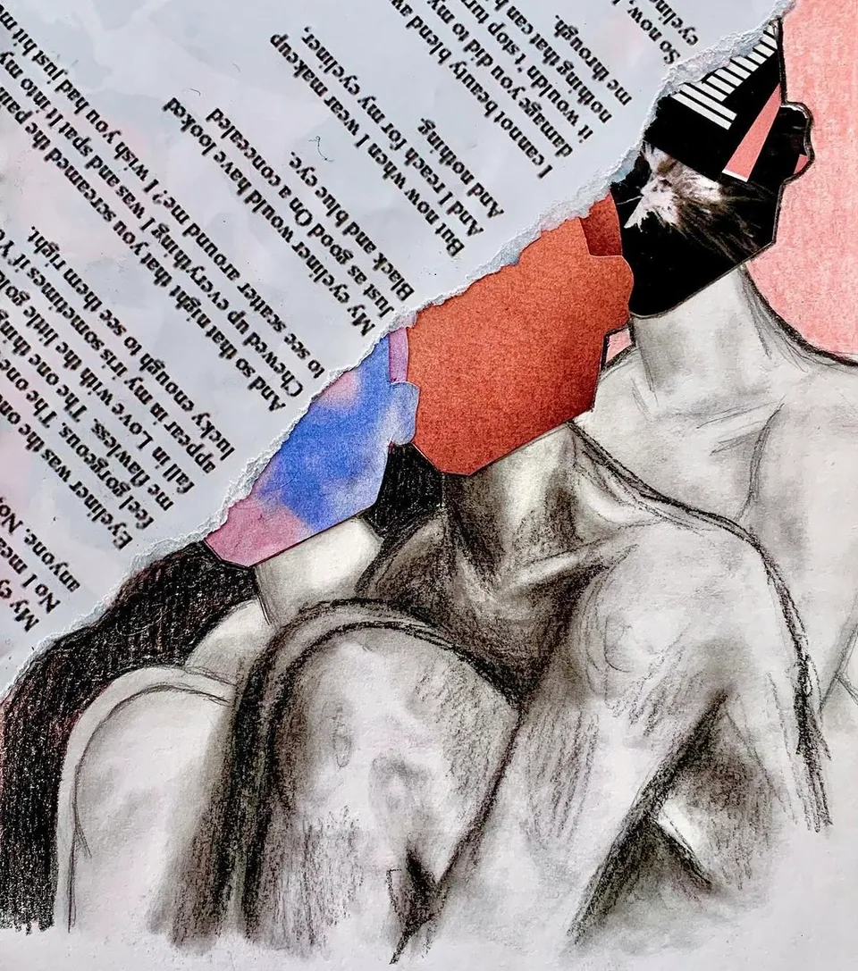 A collage of bare shoulders and backs drawn in charcoal, overlaid with torn pages of printed text and a block of red and blue where a face would be.