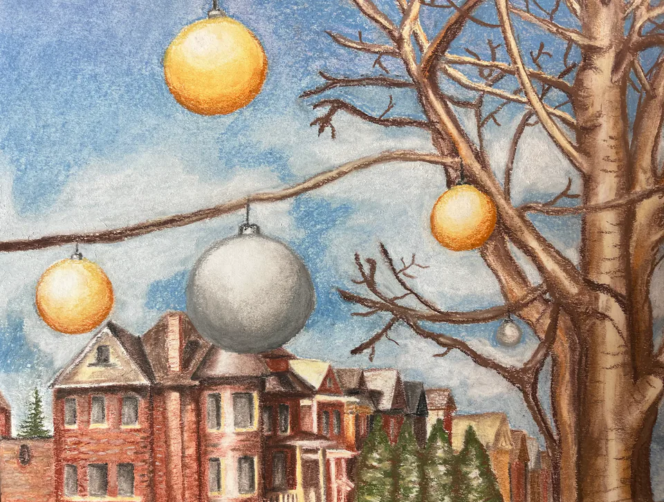 A red brick Victorian house seen through a bare winter tree hung with oversized gold and silver ornaments.
