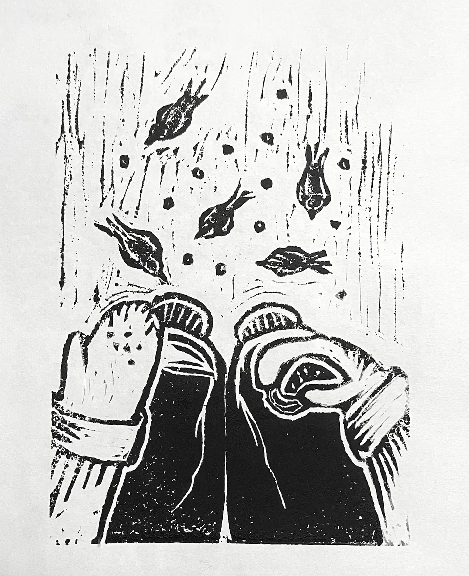 A stark black-and-white print of two heavily mittened hands clasped together, with small fish and falling marks scattered around them.
