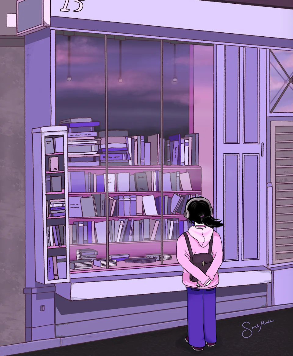 A girl in a pink jacket standing at dusk outside a lit bookshop window, the whole scene in deep violets.