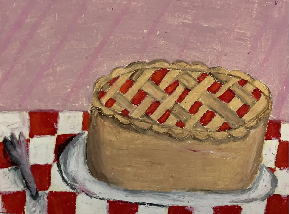 An oil pastel drawing of a whole lattice-topped pie on a red and white checked cloth.