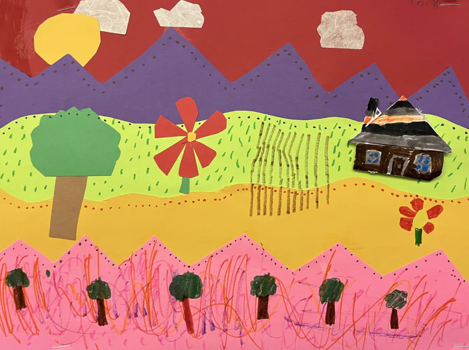 A paper collage landscape with a pink field, slender trees and a small house under a warm sky.