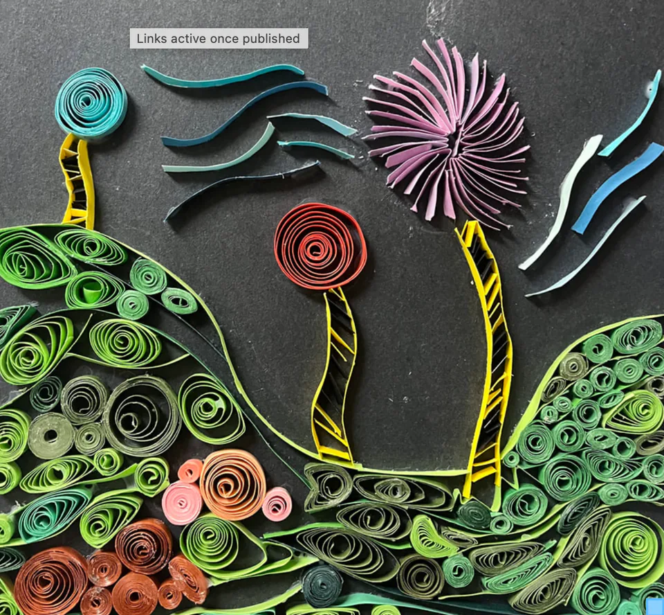 Paper quilling: a garden of coiled paper plants and flowers on a deep teal ground.
